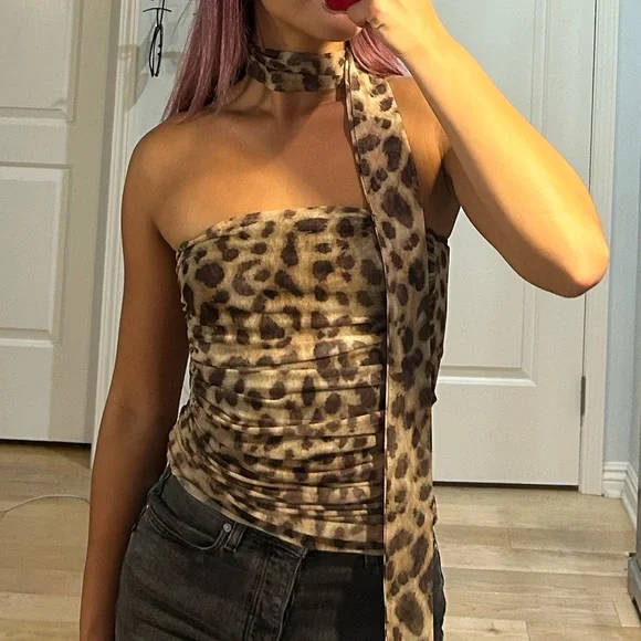 【YEGG】 Leopard Scarf Top Milumia Women's Leopard Print Tube Top Cheetah Mesh Halter